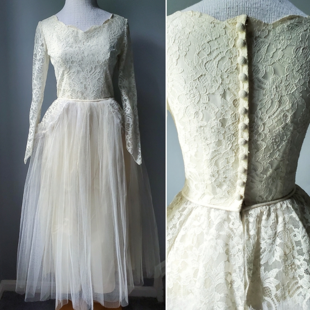 Vintage 1957s lace and tulle wedding dress